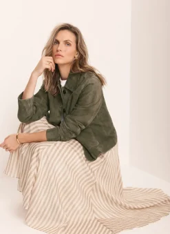 Green Striped A Line Midi Skirt