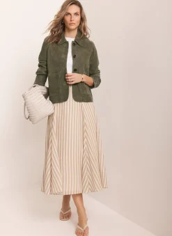Green Striped A Line Midi Skirt