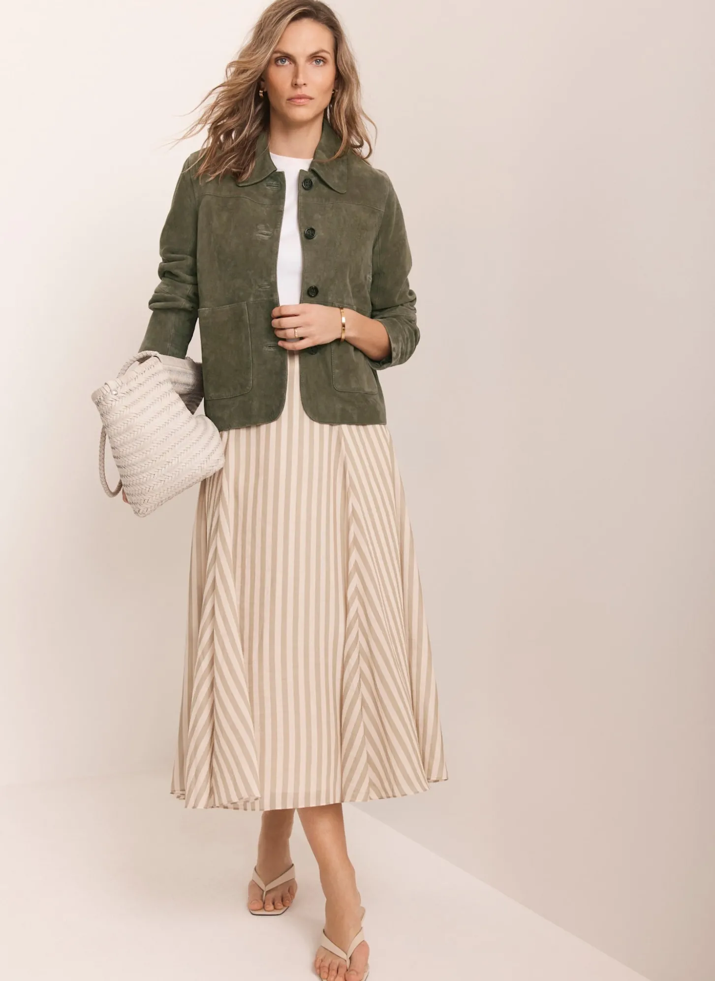 Green Striped A Line Midi Skirt
