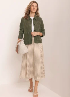 Green Striped A Line Midi Skirt