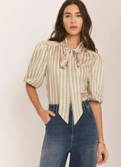 Green Striped Puff Sleeve Blouse