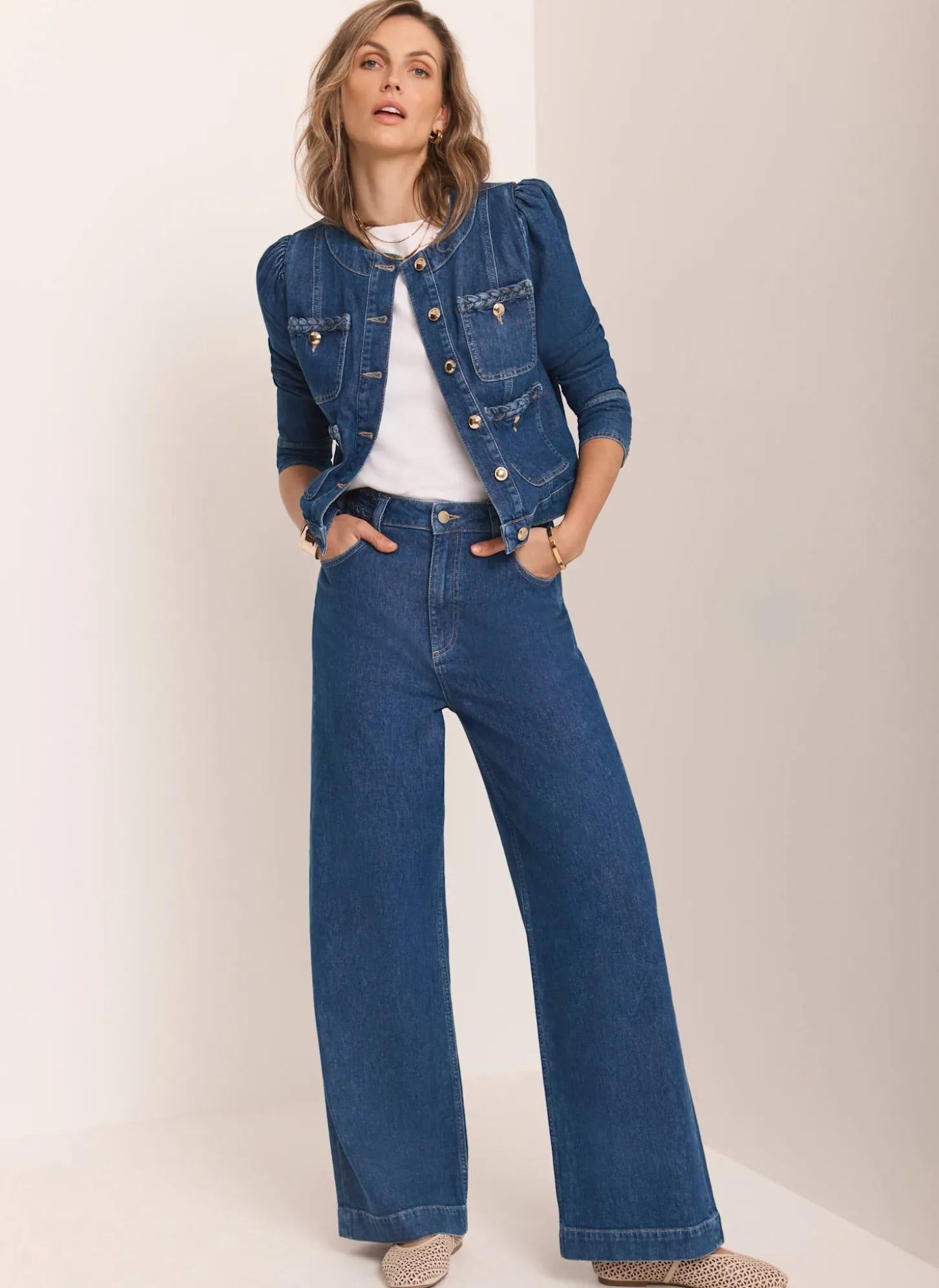 Indigo Denim Plait Detail Wide Jeans