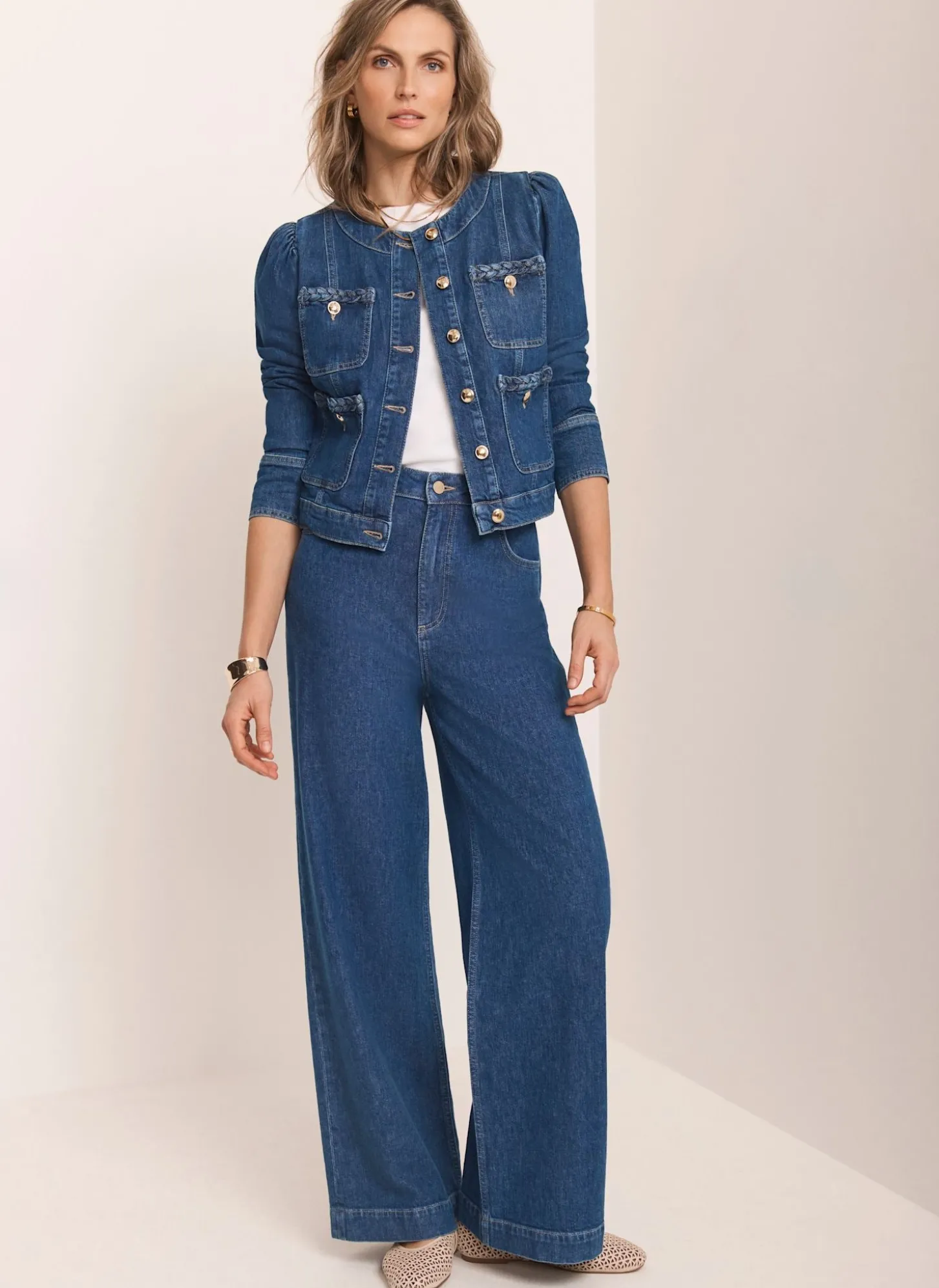 Indigo Denim Plait Detail Wide Jeans