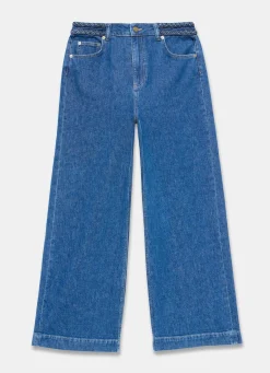 Indigo Denim Plait Detail Wide Jeans