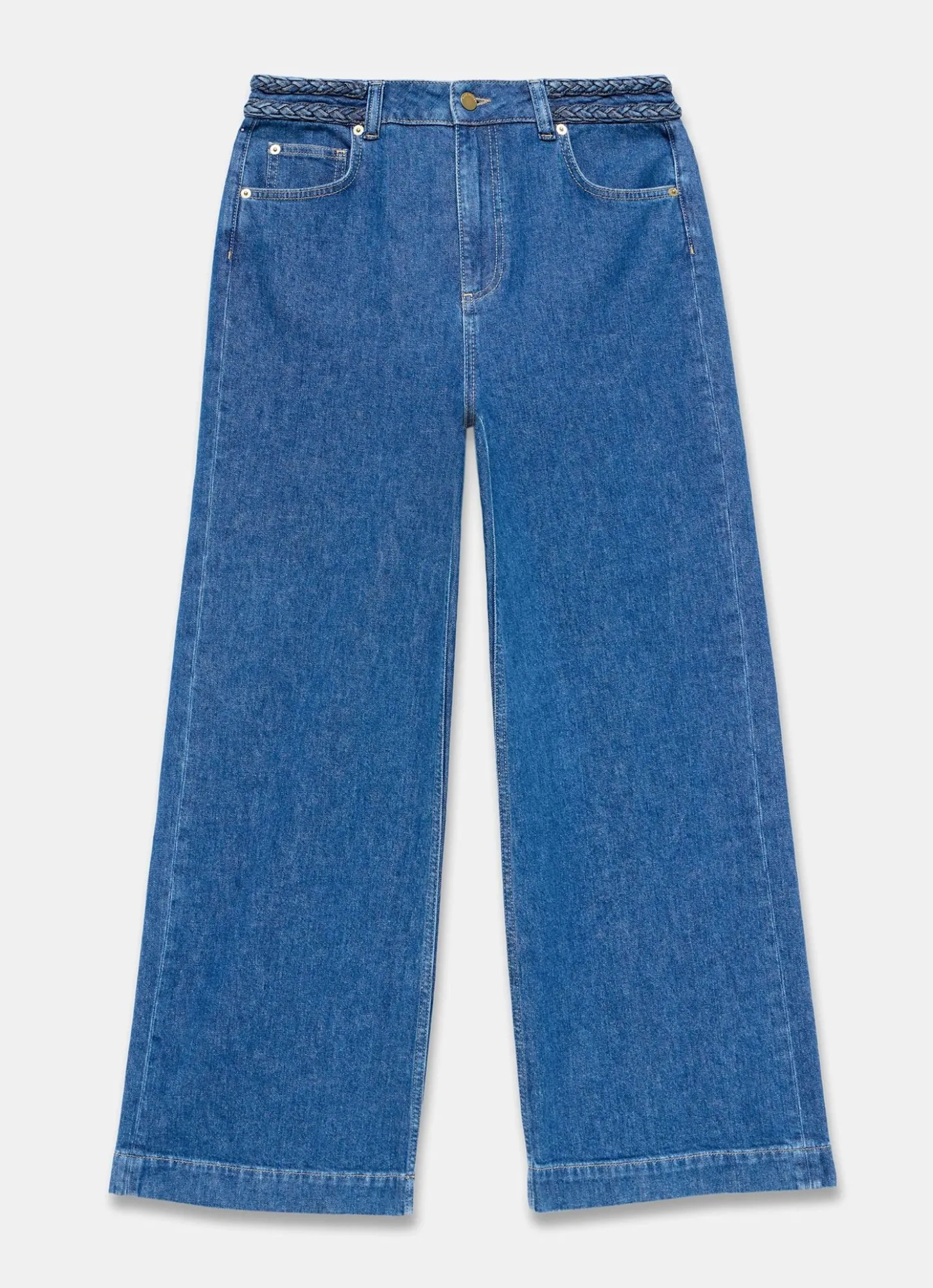 Indigo Denim Plait Detail Wide Jeans