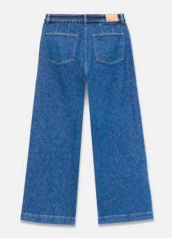 Indigo Denim Plait Detail Wide Jeans