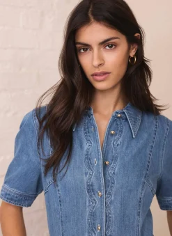 Indigo Denim Scallop Detail Midi Dress