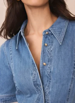 Indigo Denim Scallop Detail Midi Dress