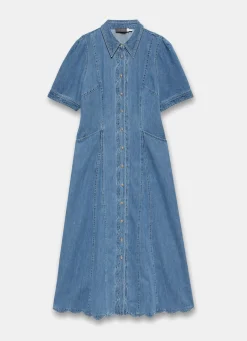 Indigo Denim Scallop Detail Midi Dress