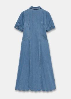 Indigo Denim Scallop Detail Midi Dress