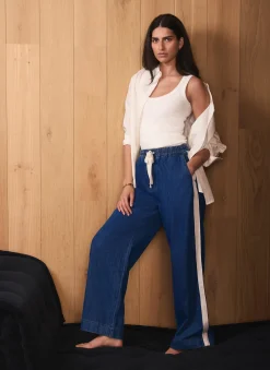 Indigo Tie Waist Side Stripe Wide Jeans