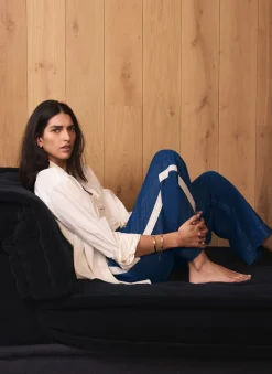 Indigo Tie Waist Side Stripe Wide Jeans