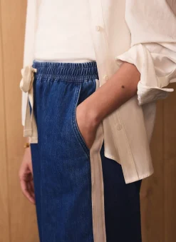 Indigo Tie Waist Side Stripe Wide Jeans