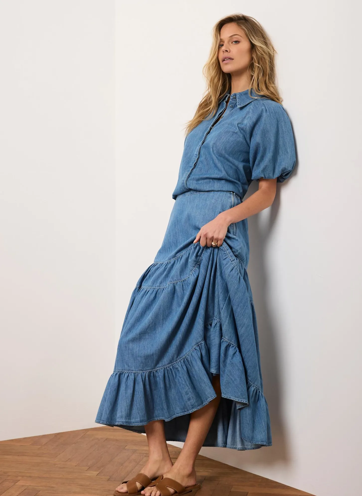 Indigo Tiered Denim Maxi Skirt