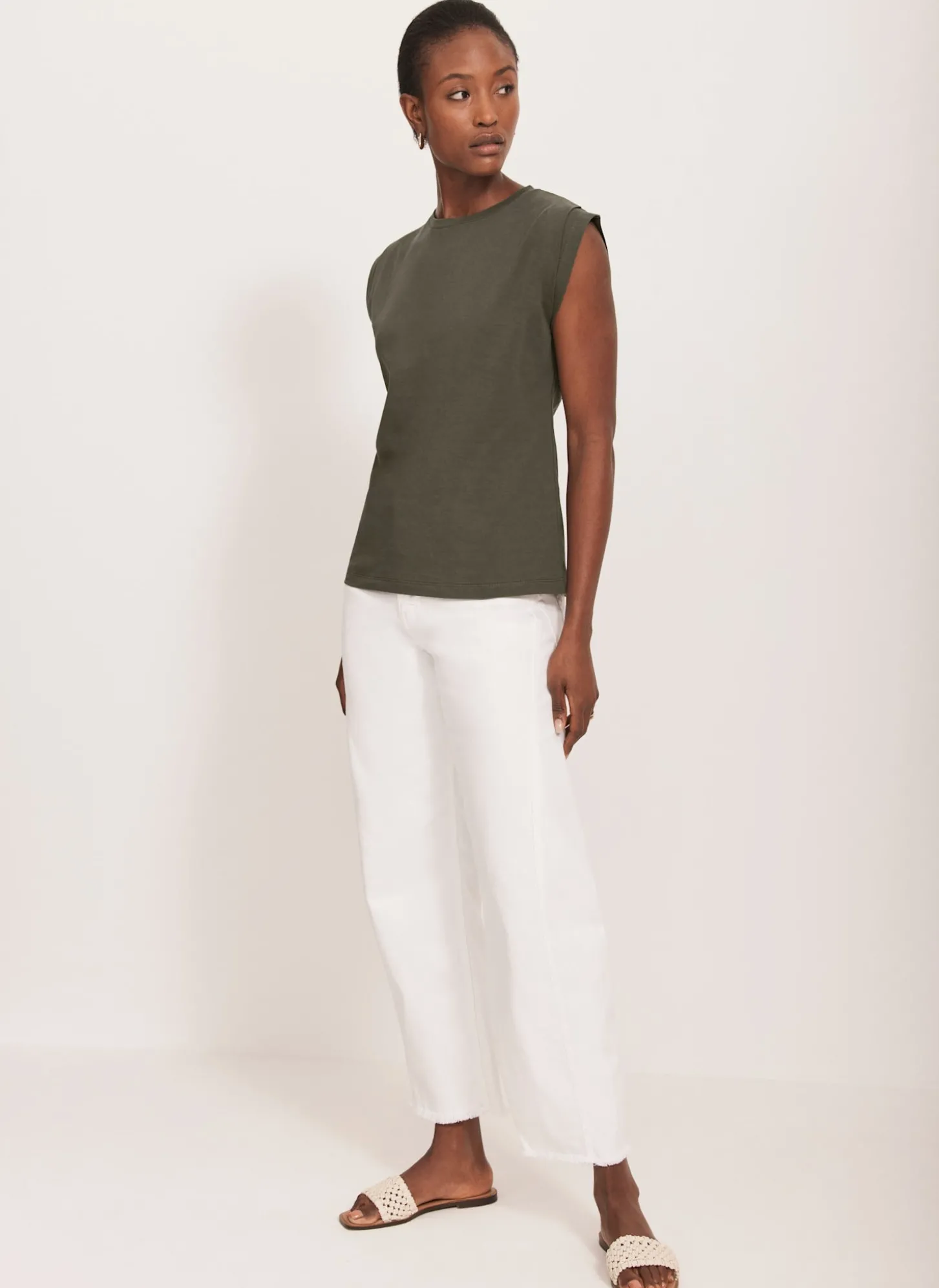 Khaki Cotton Extended Shoulder T-Shirt