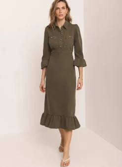 Khaki Denim Midi Shirt Dress