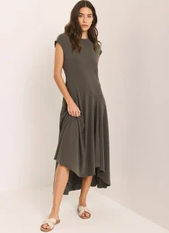 Khaki Jersey Asymmetric Midi Dress