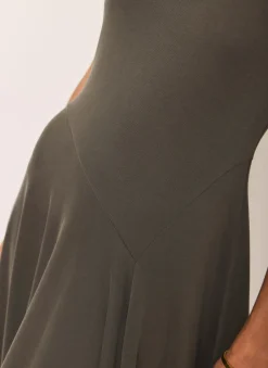 Khaki Jersey Asymmetric Midi Dress