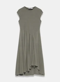 Khaki Jersey Asymmetric Midi Dress