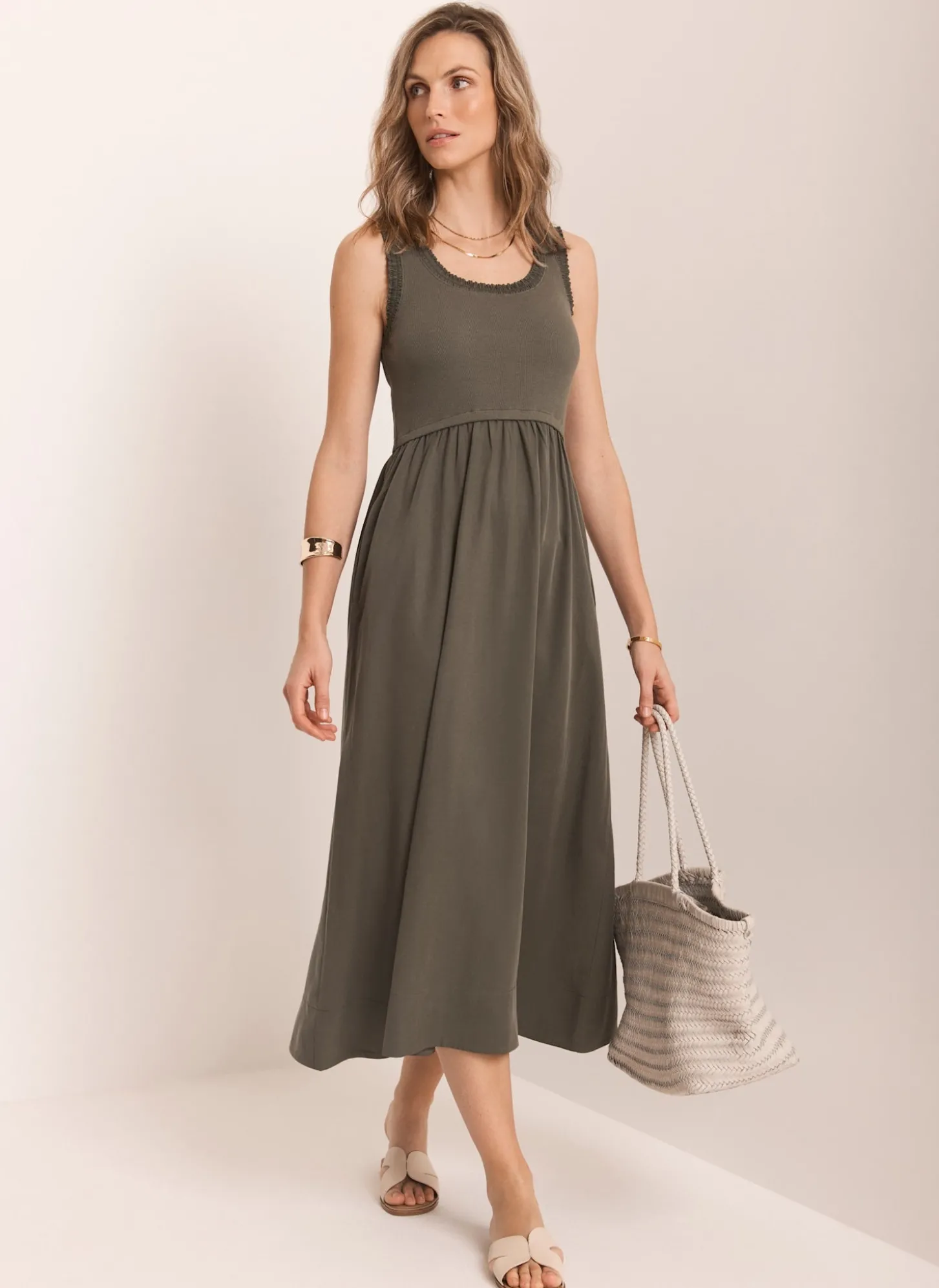Khaki Ruched Trim Cotton Midi Dress