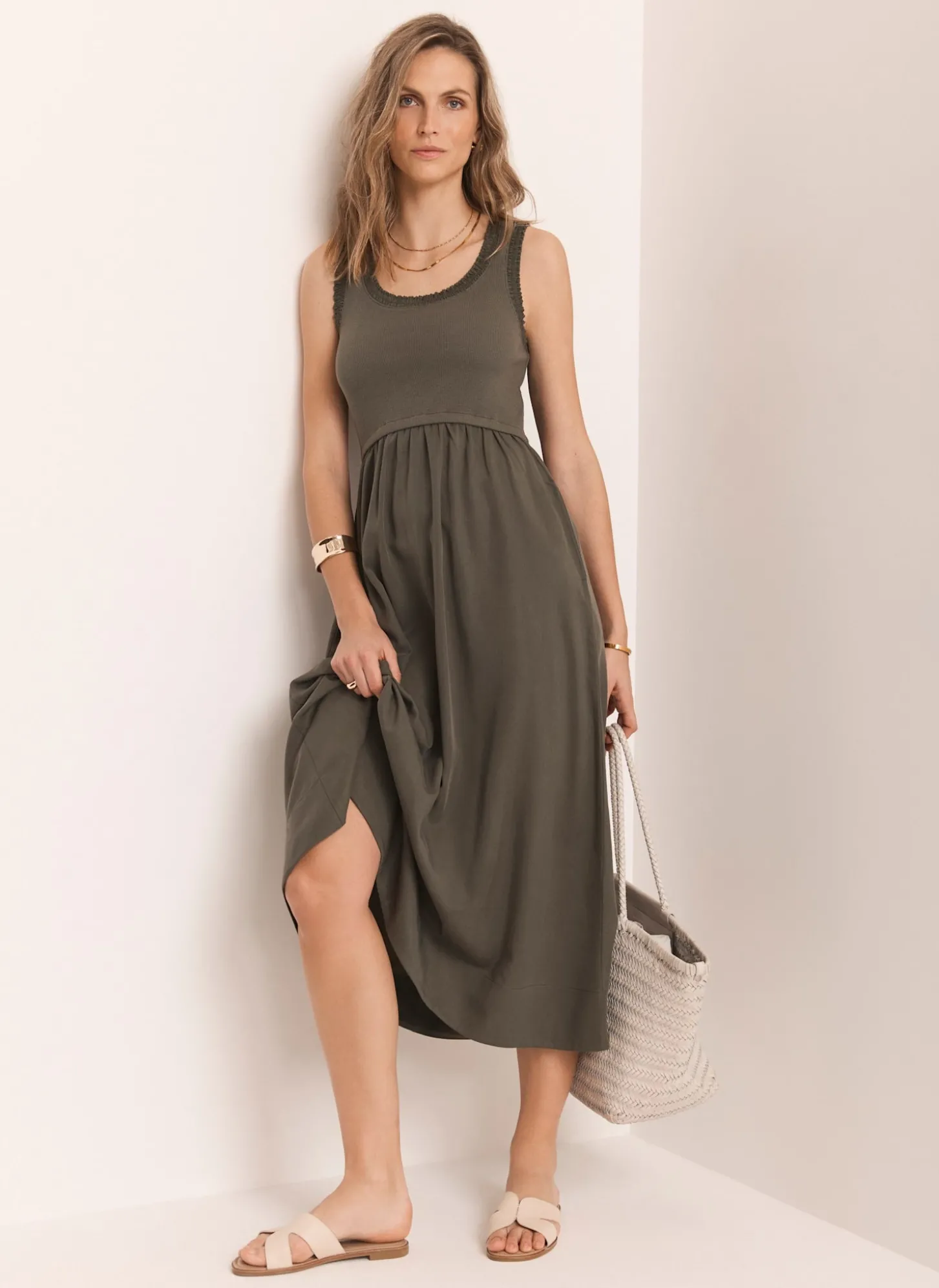 Khaki Ruched Trim Cotton Midi Dress