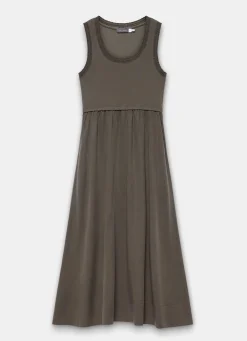 Khaki Ruched Trim Cotton Midi Dress