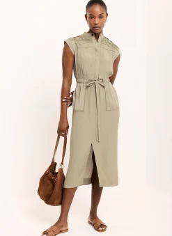 Khaki Satin Utility Midi Dress
