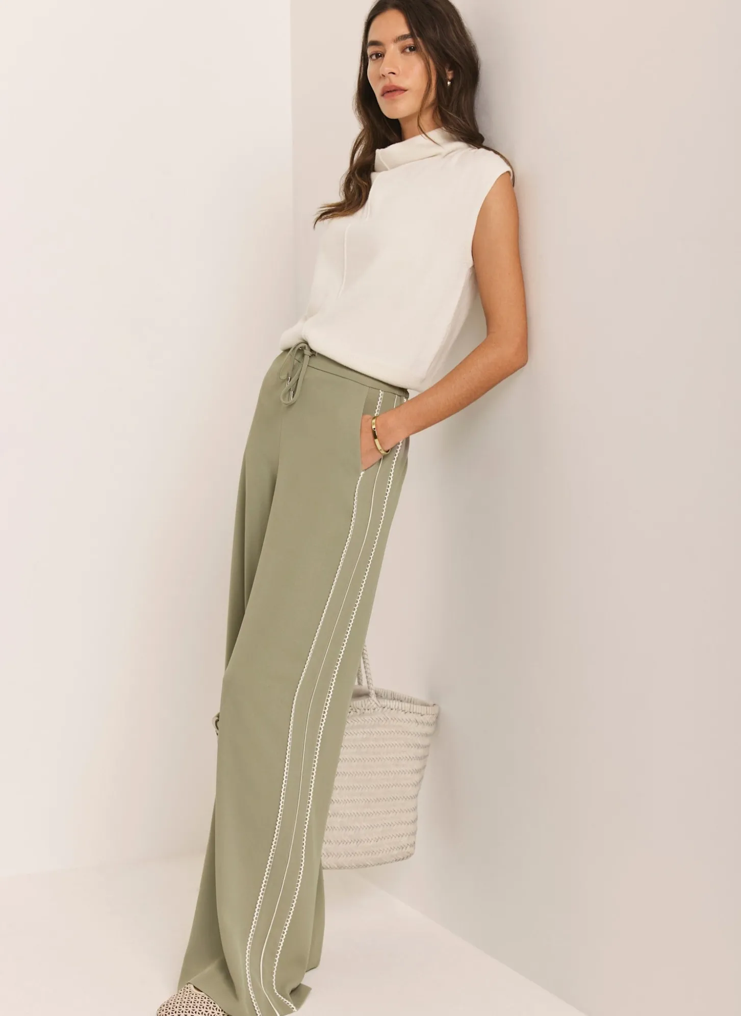 Khaki Scallop Side Stripe Wide Trousers