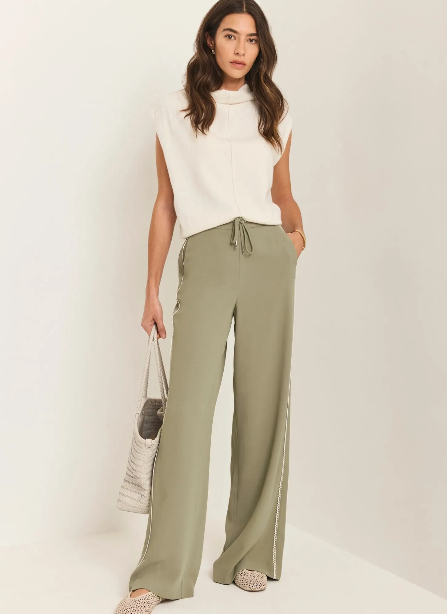 Khaki Scallop Side Stripe Wide Trousers