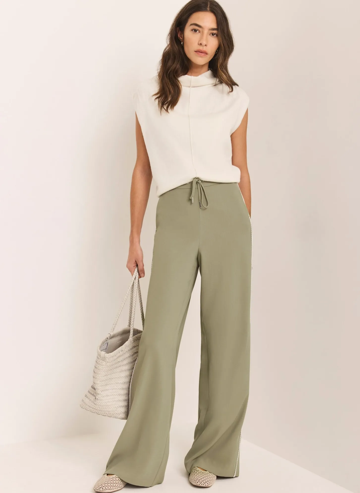 Khaki Scallop Side Stripe Wide Trousers