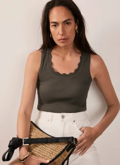 Khaki Scallop Trim Vest Top