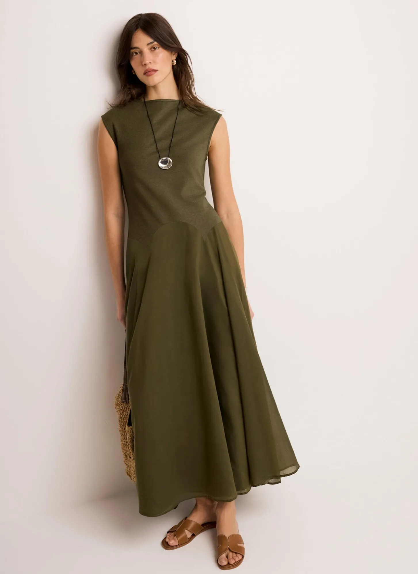 Khaki Sleeveless Midi Dress