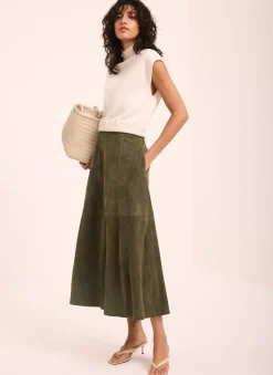 Khaki Suede Midi Skirt