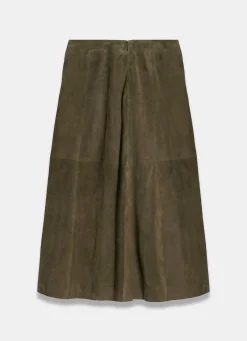 Khaki Suede Midi Skirt