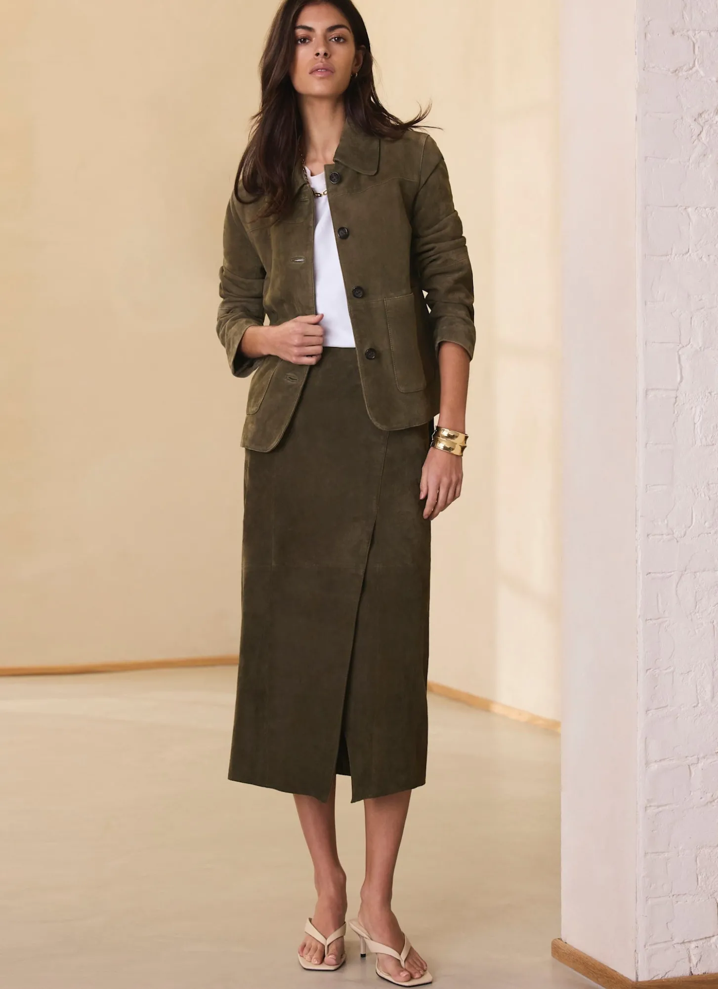 Khaki Suede Midi Skirt