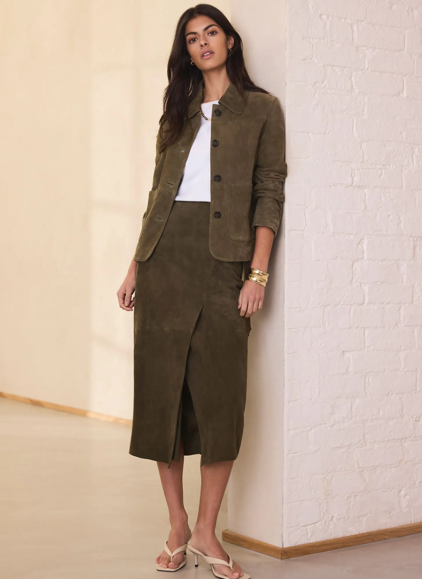 Khaki Suede Midi Skirt