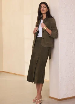 Khaki Suede Midi Skirt