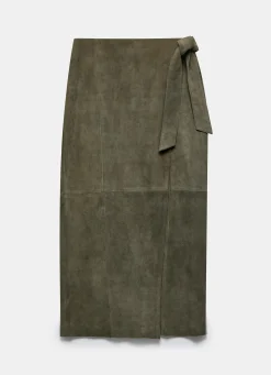 Khaki Suede Midi Skirt
