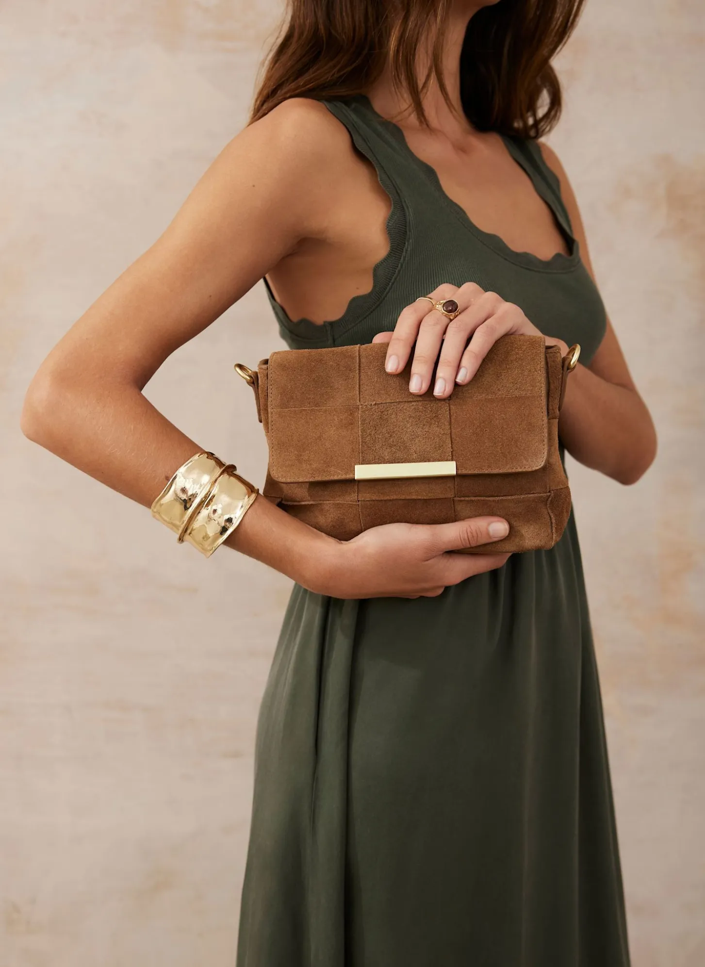 Lara Tan Suede Woven Crossbody Bag