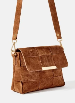 Lara Tan Suede Woven Crossbody Bag