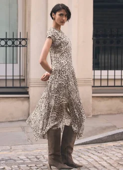 Leopard Print Cap Sleeve Midi Dress