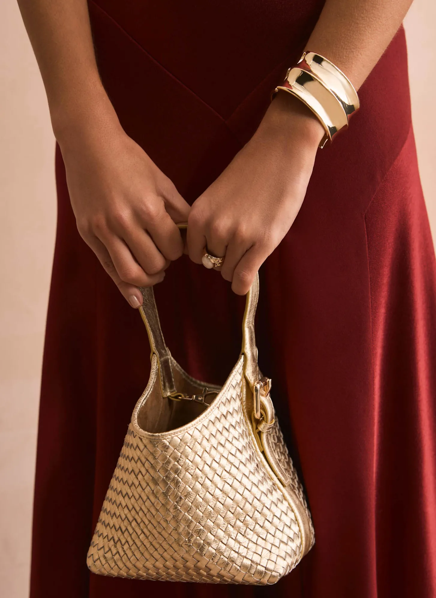 Lola Gold Leather Woven Bucket Bag