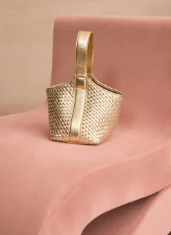 Lola Gold Leather Woven Bucket Bag
