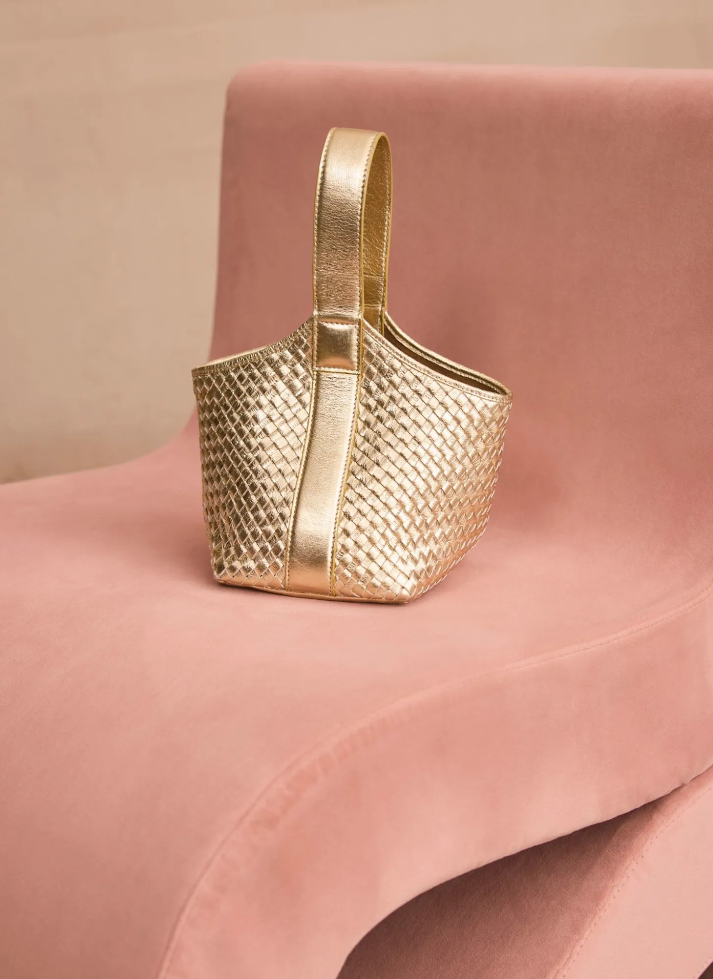Lola Gold Leather Woven Bucket Bag
