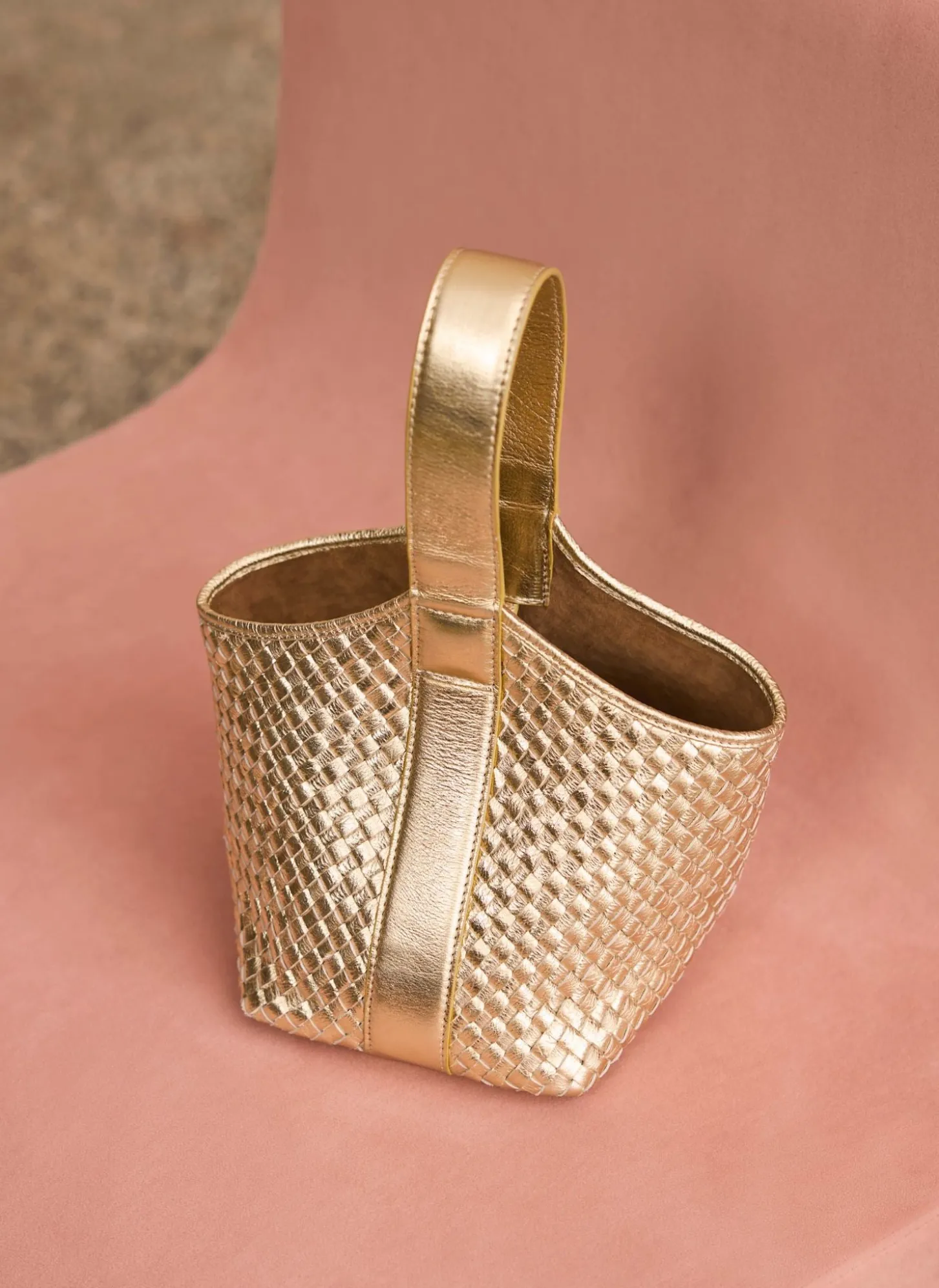 Lola Gold Leather Woven Bucket Bag