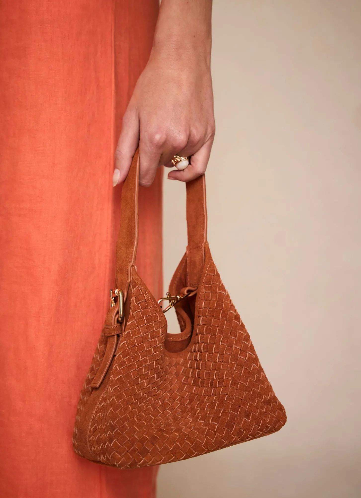 Lola Orange Suede Woven Bucket Bag