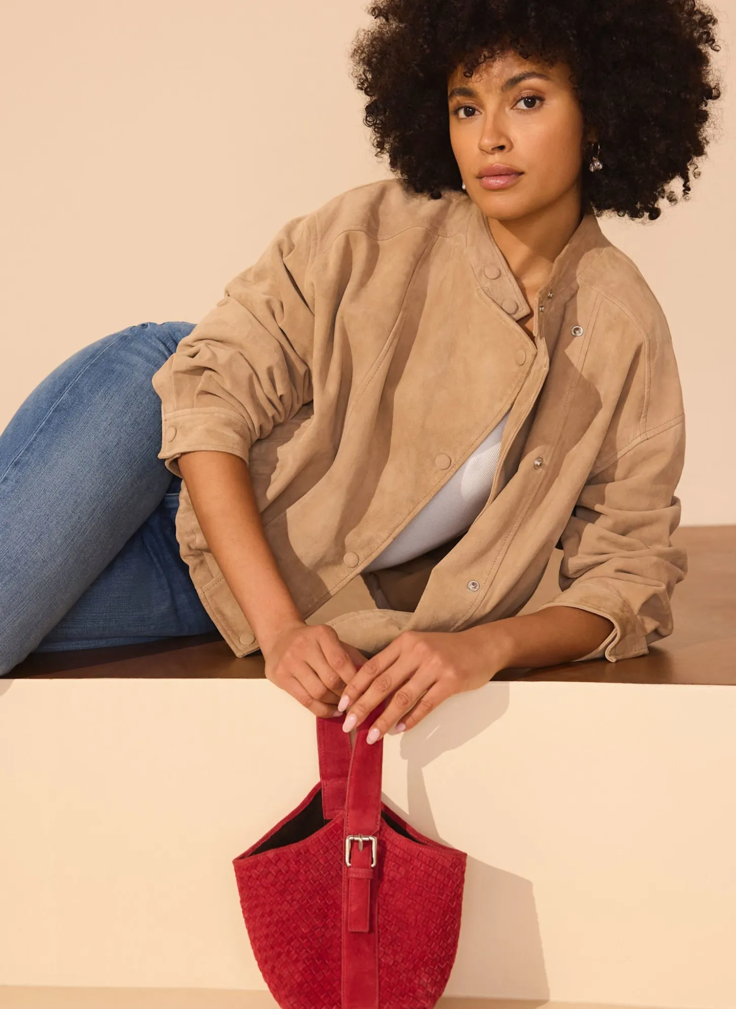Lola Red Suede Woven Bucket Bag