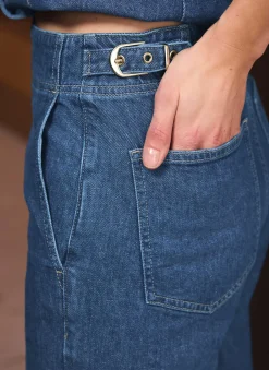 Mid Indigo Buckle Detail Wide Jeans