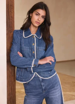 Mid Indigo Crochet Trim Denim Jacket