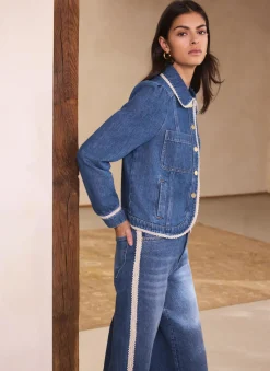 Mid Indigo Crochet Trim Denim Jacket
